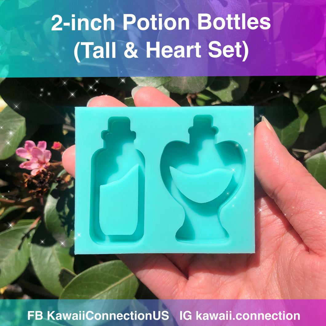 2-inch tall Potion Bottles (4 designs) Backed Shaker Silicone Mold for Custom Resin Bag and Key Charms for Valentines and Love Pieces