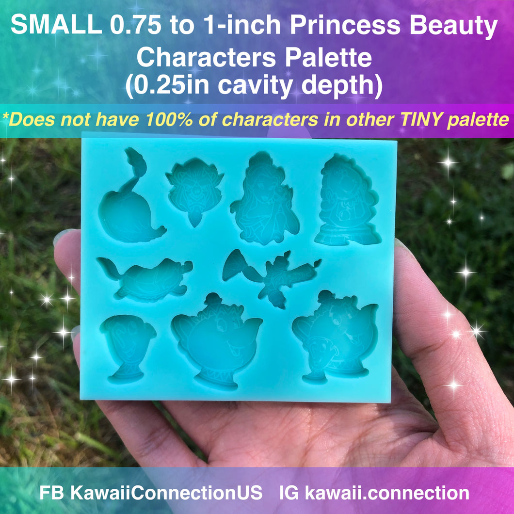 SMALL 0.75 inch to 1 inch (0.25 inch deep) mixed sizes Princess Beauty & Beast Silicone Mold Palette for Deco or Dangle Charms - character featured differ from TINY Palette