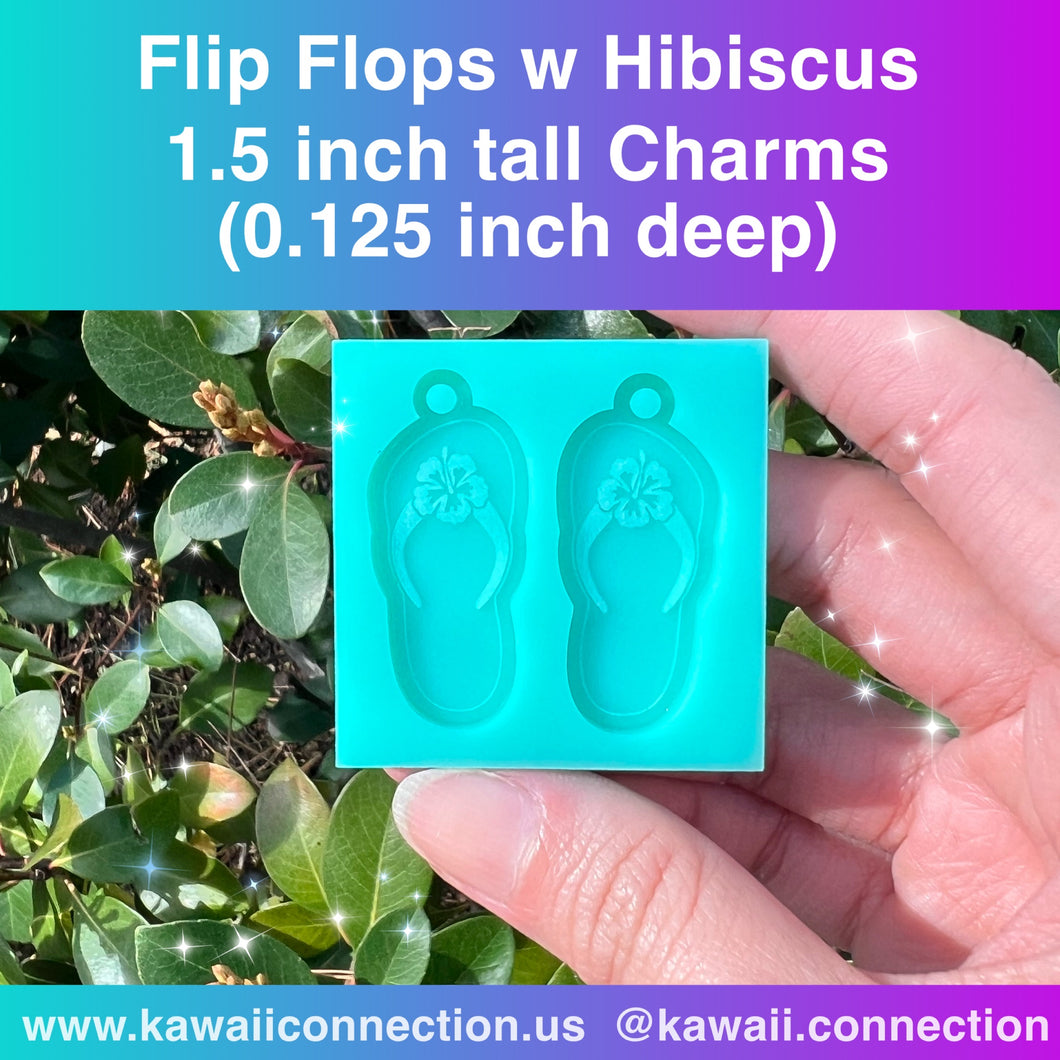 1.5-inch tall (0.125 inch deep) Pair of Flip Flops w Hibiscus Flower Accent Charm w Loop Silicone Mold Palette for Resin Stitch Marker Zipper Pull Stitch Marker DIY