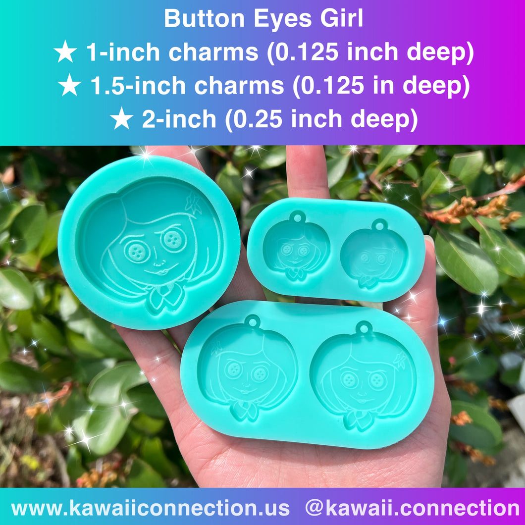Button Eyes Girl in Multiple Size Options 1-inch, 1.5-inch Charms or 2-inch @ 0.25inch deep Silicone Molds for Resin Keychain or Phone Grip