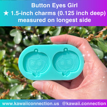 Load image into Gallery viewer, Button Eyes Girl in Multiple Size Options 1-inch, 1.5-inch Charms or 2-inch @ 0.25inch deep Silicone Molds for Resin Keychain or Phone Grip
