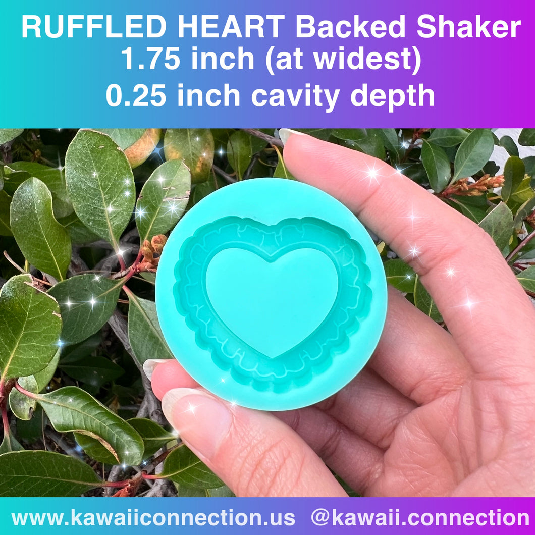 1.75-inch at widest (0.25-inch cavity depth) Ruffled Heart Shiny Backed Shaker Silicone Mold for Custom Resin Bag and Key Charms