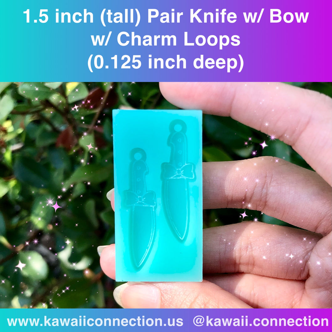 1.5 inch tall (0.125inch deep) PAIR of Dagger Knife w Bow w Loop Silicone Mold for Resin Dangle Earrings Stitch Marker Pendant Charms DIY