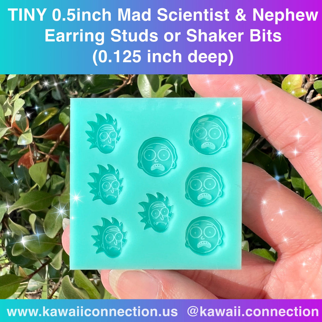 TINY 0.6 inch tall Pickle Rick Science Fiction Mad Scientist & Nephew Earring Studs or Shaker Bits (0.125inch deep) Silicone Mold Palette for Custom Resin