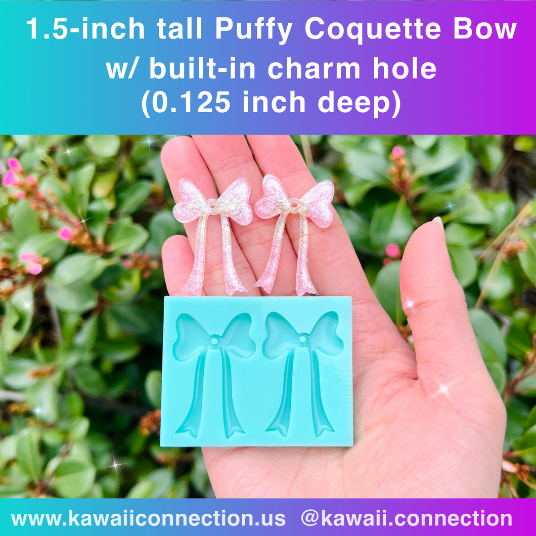 Pair of 1.5 inch Puffy Shiny Coquette Bow Earrings Charm Silicone Mold for Resin Stitch Marker Zipper Pull DIY -Choose Opaque or Translucent