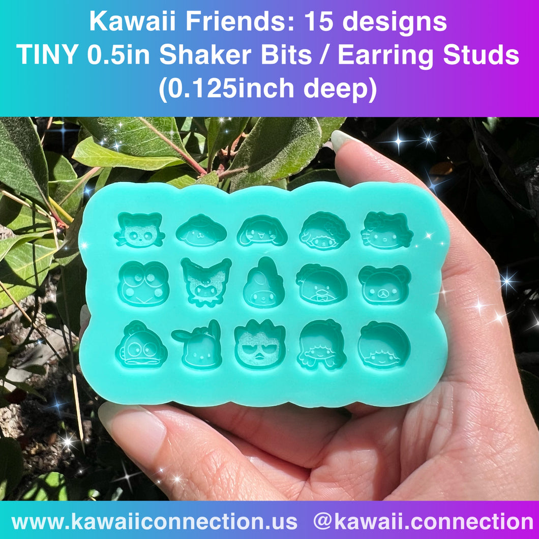 TINY 0.5 inch on longest side (0.125 inch deep) Huge Palette of 15 Kawaii Friends Silicone Mold for Resin Shaker Charms or Earring Studs