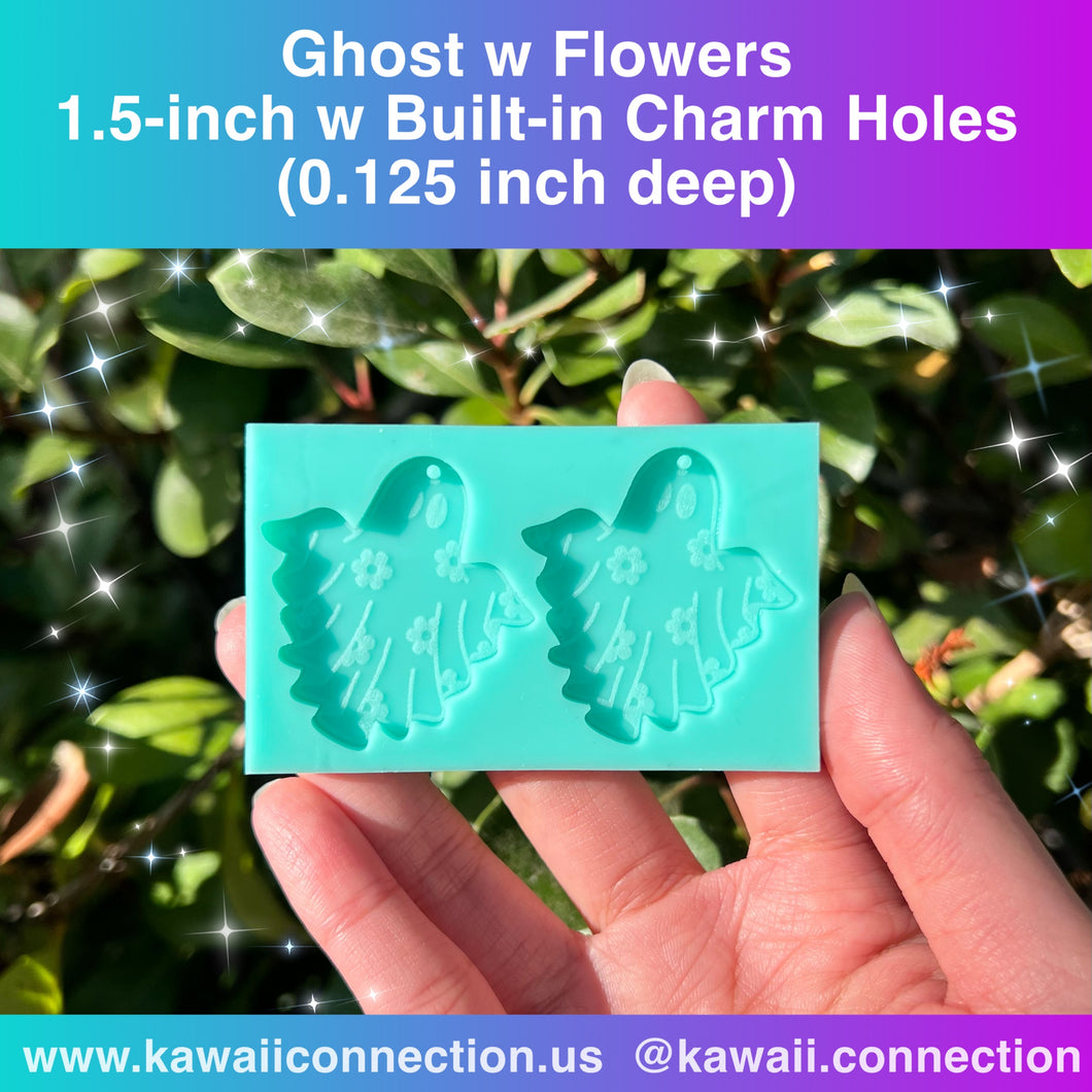 Pair of 1.5 inch tall (0.125 inch deep) Ghost w Flower w/ Charm Holes for Easy Dangles, Earrings, Zipper Pull, Stitch Markers Resin Silicone Mold