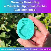 Load image into Gallery viewer, Grouchy Green Guy w Hair Sprout 1-inch Charms at 0.125 in deep, 2inch or 3inch (top to bottom) at 0.25 in deep Silicone Mold for Resin
