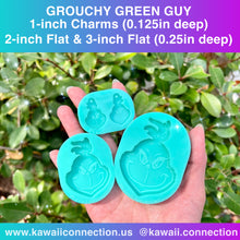 Load image into Gallery viewer, Grouchy Green Guy w Hair Sprout 1-inch Charms at 0.125 in deep, 2inch or 3inch (top to bottom) at 0.25 in deep Silicone Mold for Resin
