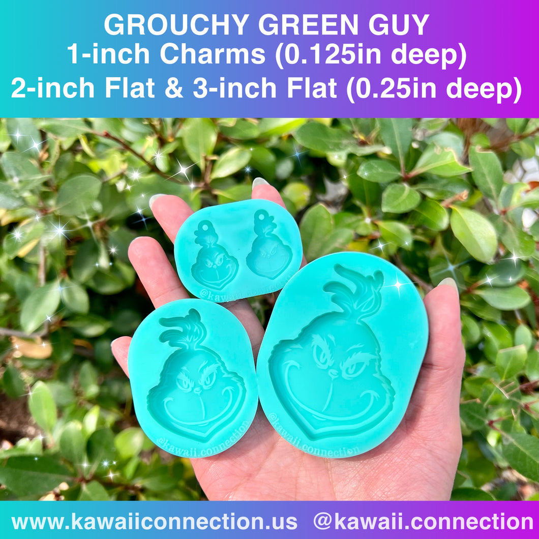 Grouchy Green Guy w Hair Sprout 1-inch Charms at 0.125 in deep, 2inch or 3inch (top to bottom) at 0.25 in deep Silicone Mold for Resin