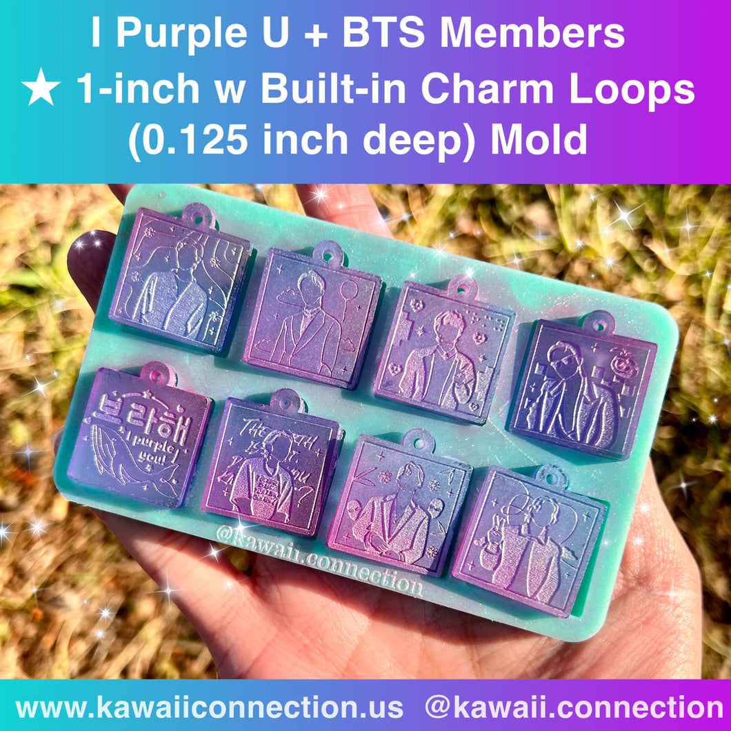 1 inch  (0.125inch deep)  7-member K-Pop +Whale Silicone Mold Palette w Built-in Loop for Resin Charms Zipper Pull Stitch Markers DIY