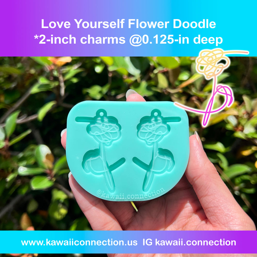 2-inch tall (0.125inch deep) Love Yourself Doodle Flower Charms w/ Built-in Loop Silicone Mold for Resin Kpop Deco Zipper Pull DIY