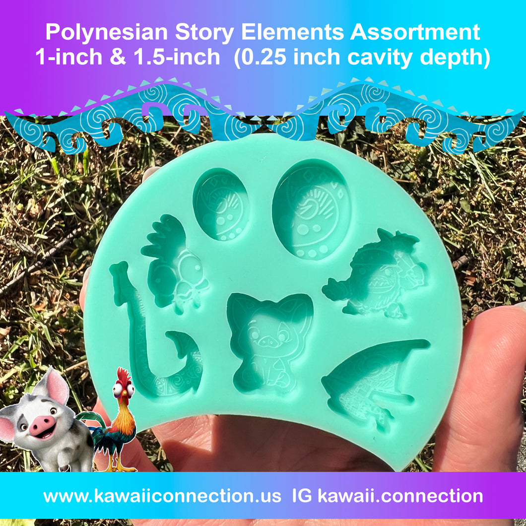 1-inch & 1.5-inch (@ 0.25-inch deep) Elements from Polynesian Story Resin Silicone Mold Palette Pig Rooster Heart Coconut Warrior Boat Hook