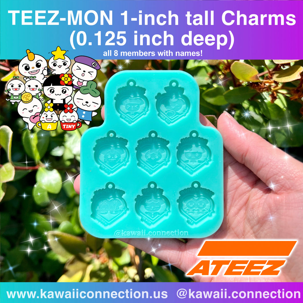 TINY 1-inch with Loop (0.125 inch deep) 8-member Cartoon Teez K-Pop Group Silicone Mold for Resin Zipper Pull or Phone Charms -all 8 members