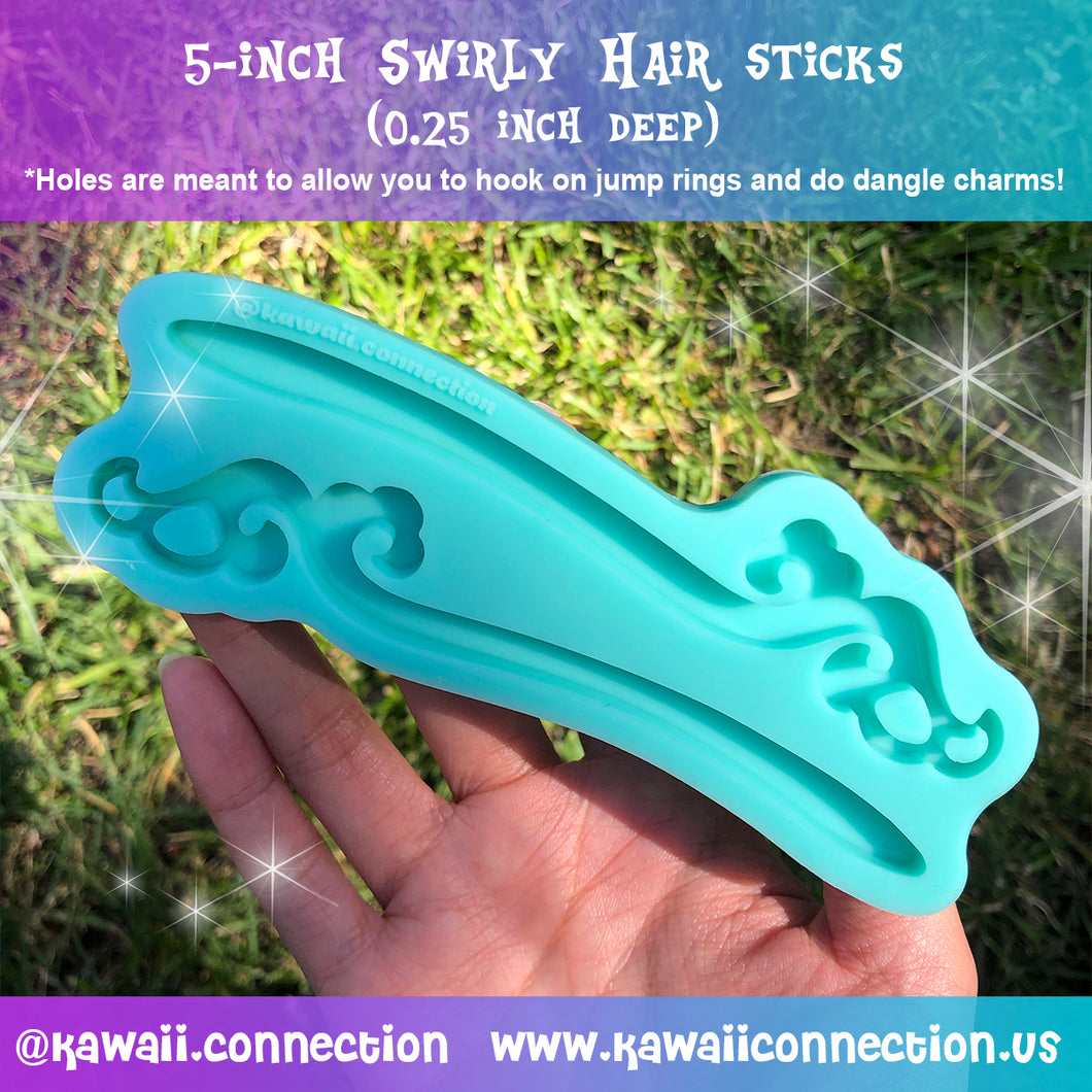 5 inch (0.25 inch cavity depth) Swirly Hair Bun Stick/ Pin Silicone Mold - Holes are meant to allow jump rings and dangle charms from!