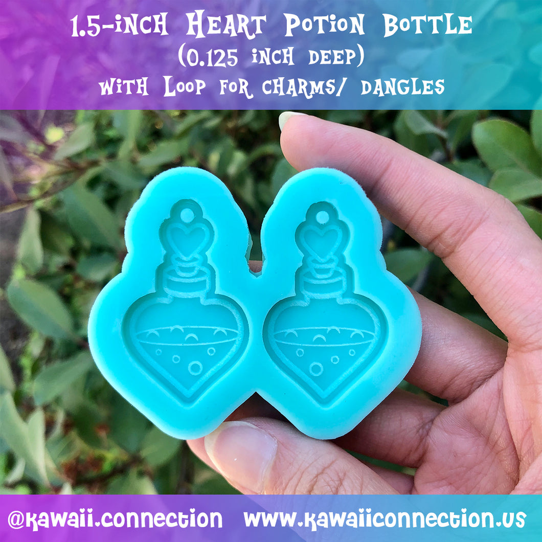1.5 inch (0.125 inch deep) Heart Potion Bottles Charm w Loop Silicone Mold Palette for Resin Stitch Marker Zipper Pull Charms DIY