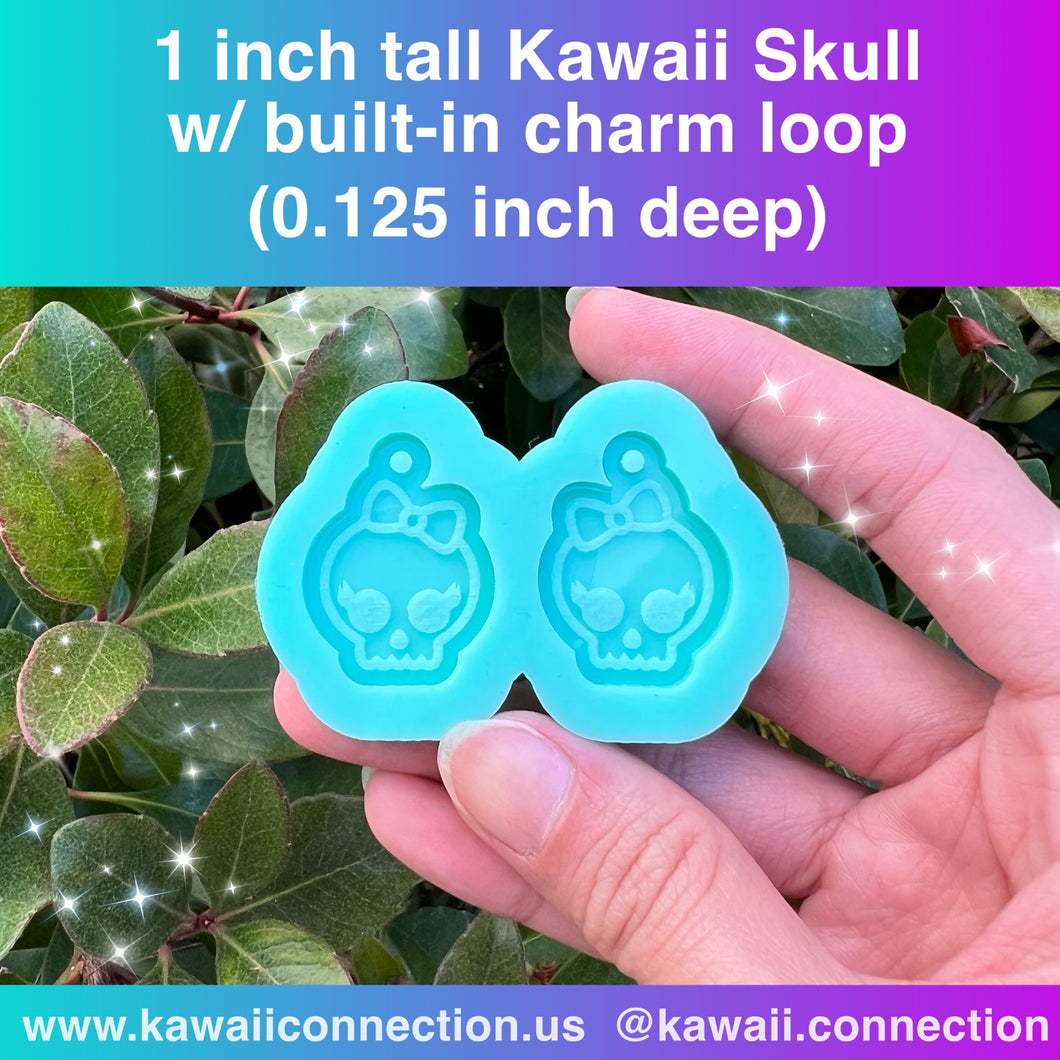1 inch Kawaii Skull w Loop Silicone Mold for Pair of Resin Dangle Charm Earrings Stitch Marker Zipper Pull Pendant DIY
