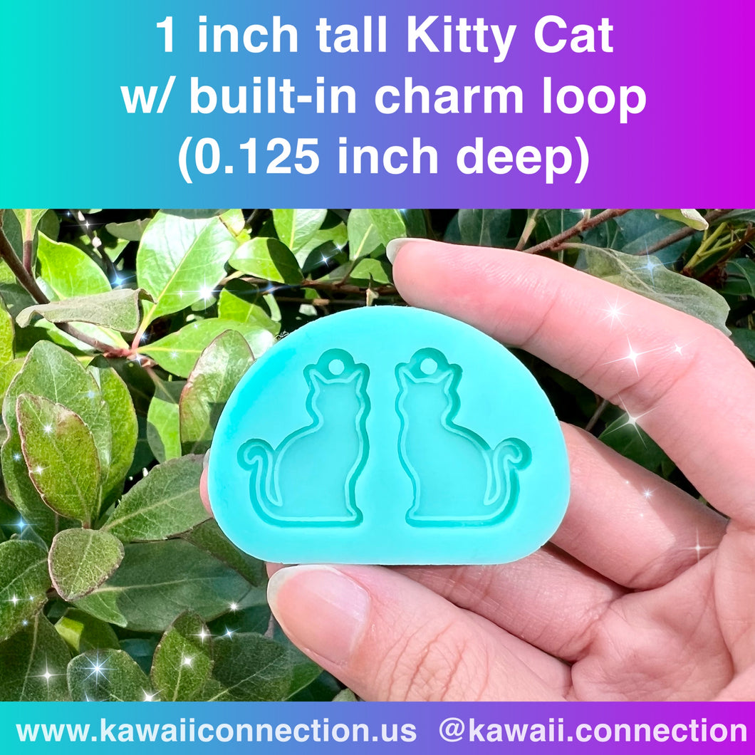 TINY 1-inch tall (0.125 inch deep) Sitting Kitty Cat with Built-in Loop Silicone Mold for Resin Deco Bag Small Charms DIY