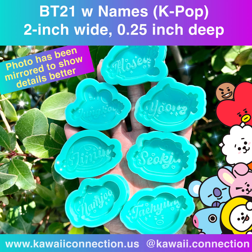 K-Pop Music Cartoon Head w Name 2-inch wide (0.25 inch deeep) Sold as Singles or Set Silicone Mold *Photo has been mirrored to show details*