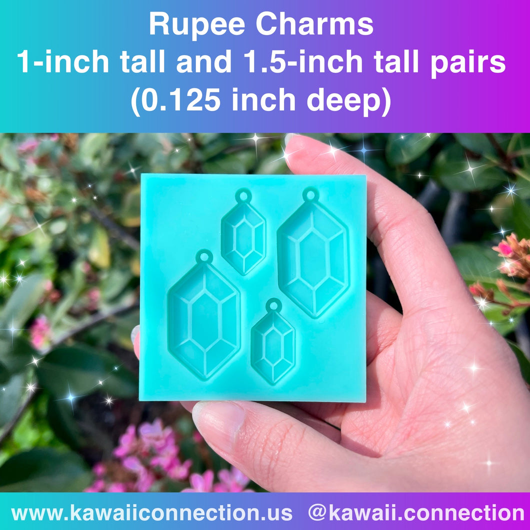 1-inch + 1.5-inch tall Charms Pairs (0.125 inch deep) Rupee Gems Flat w Engraved details Silicone Mold for Resin Earrings Keychain Zip Pull