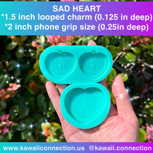 Load image into Gallery viewer, 1.5-inch wide charm (0.125 inch deep) or 2-inch wide (0.25 inch deep) Sad Heart Silicone Mold for Resin Deco Bag Charms Dangling Earrings Pendants DIY
