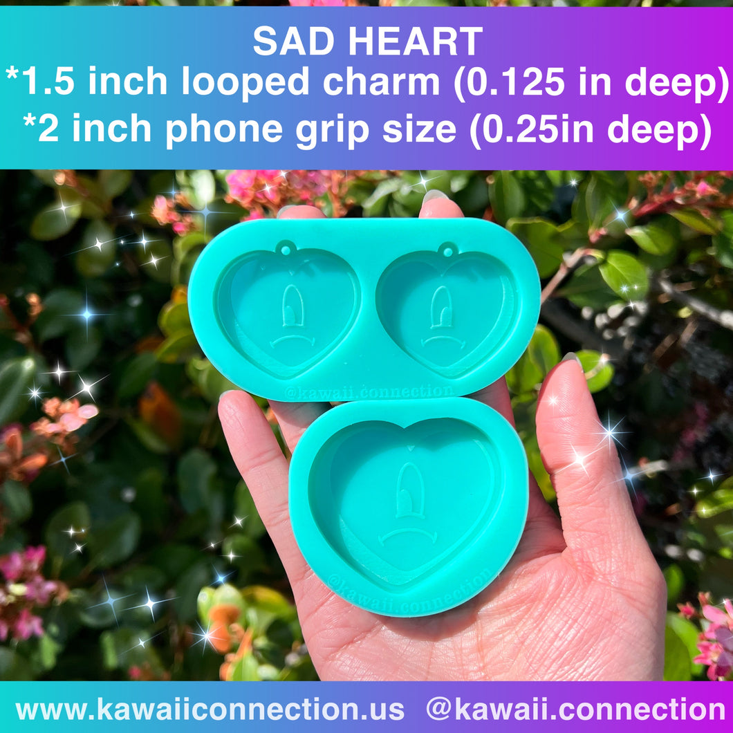 1.5-inch wide charm (0.125 inch deep) or 2-inch wide (0.25 inch deep) Sad Heart Silicone Mold for Resin Deco Bag Charms Dangling Earrings Pendants DIY