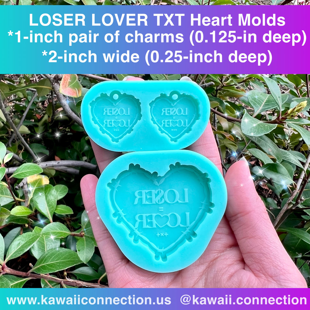 K-Pop Loser Lover Heart 2-inch wide (0.25 inch deep) or 1-inch wide Charms with Loop (0.125 inch deep) Silicone Mold for Resin Kpop Charm