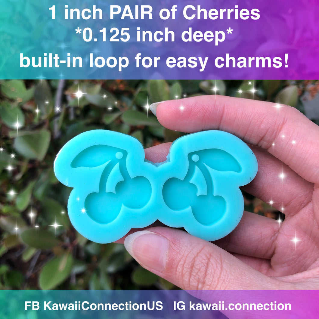 1 inch Cherries Fruit (0.125 inch deep) Dangle Earrings or Charms Shiny Silicone Mold for Resin