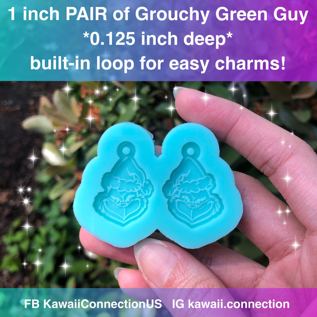 1 inch Grouchy Green Guy (0.125 inch deep) Dangle Earrings or Charms Shiny Silicone Mold for Resin