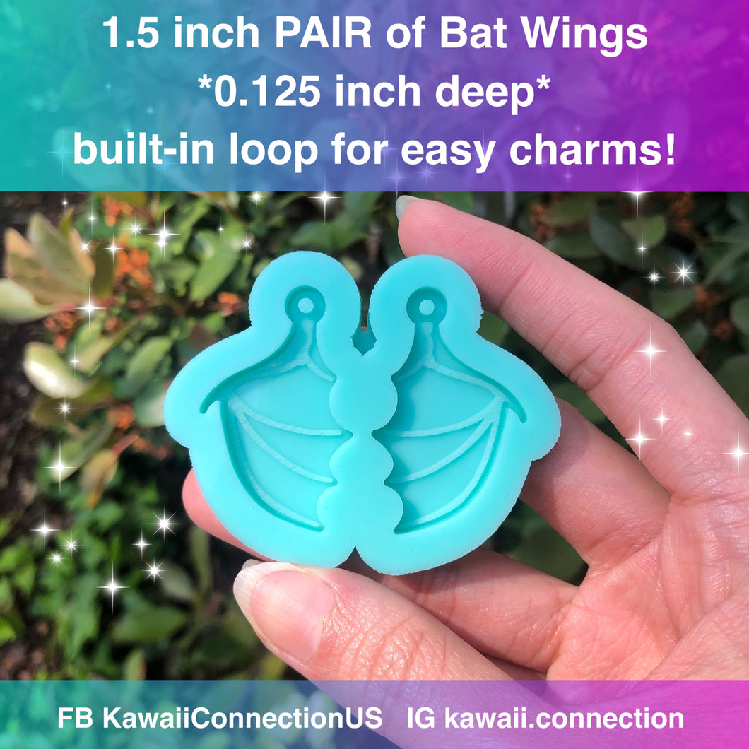 1.5 inch Bat Wings (0.125 inch deep) w Loop for Dangle Earrings or Charms for Halloween - Shiny Silicone Mold for Resin