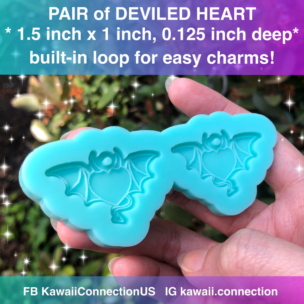 1.5 inch Deviled Heart with Wings (0.125 inch deep) w Loop for Dangle Earrings or Charms for Halloween - Shiny Silicone Mold for Resin