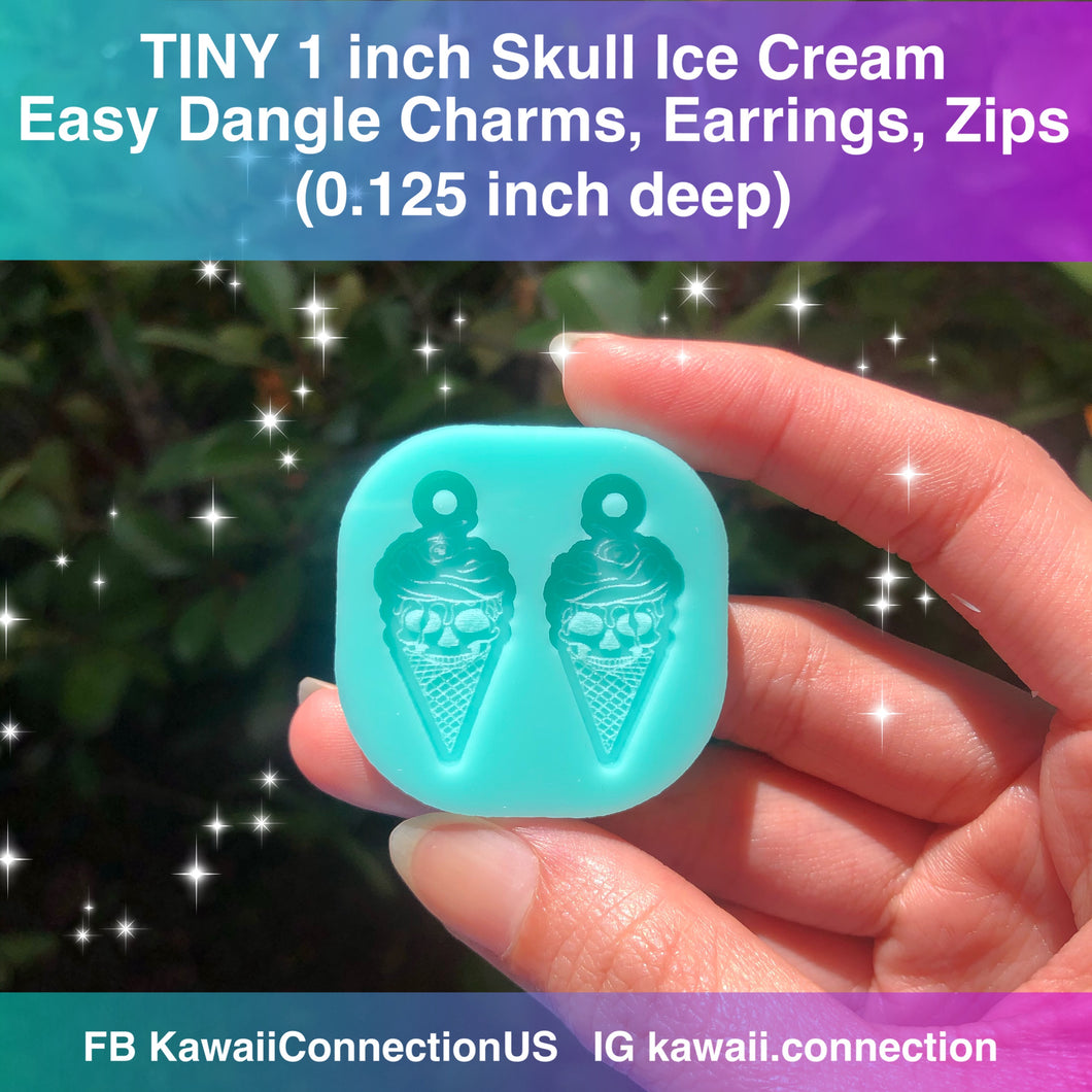 1 inch OR 1.5 inch Ice Cream Skull w Loop Silicone Mold for Pair of Resin Dangle Charm Earrings Stitch Marker Zipper Pull Pendant DIY