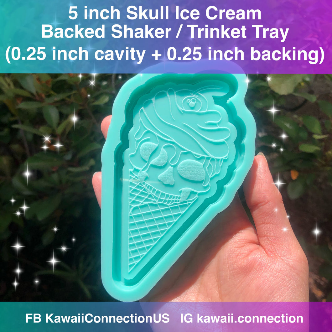 5 inch Backed Shaker Trinket Tray (0.25 cavity depth, 0.25 backer plate thickness) Ice Cream Skull Silicone Mold for Resin Charm Pendant DIY