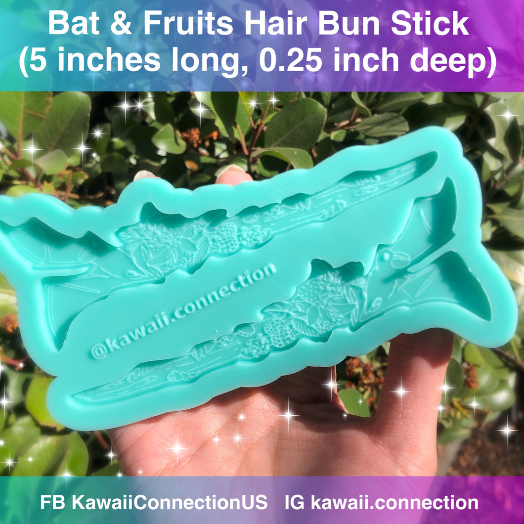 5 inch (0.25 inch cavity depth) Kawaii Bat w/ Fruits Hair Bun Stick/ Pin Silicone Mold