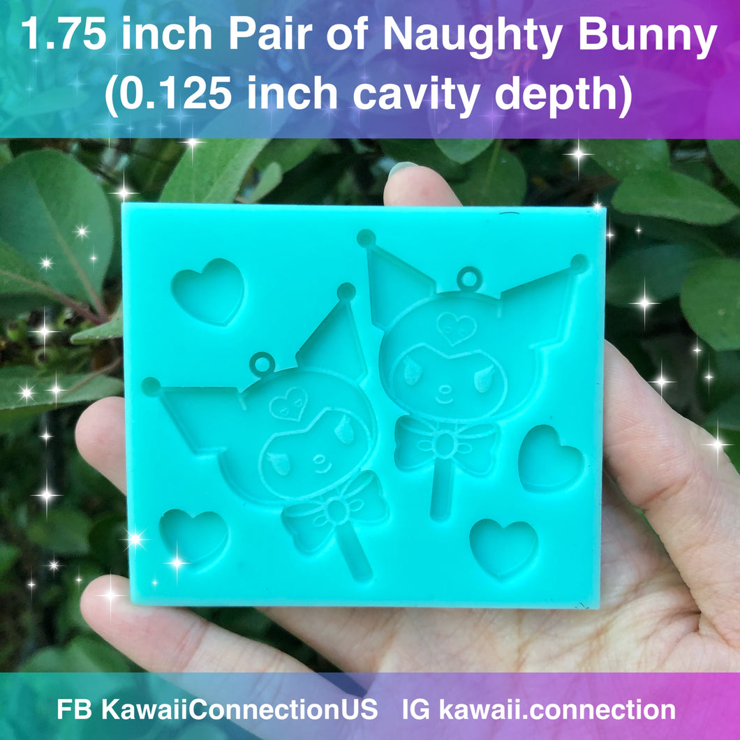 1.75 inch Pair of Naught Bunny (0.125 inch deep) with loop Shiny Silicone Mold for Resin Deco Charms Dangle Earrings Pendants Stitch Markers Zip Pulls DIY