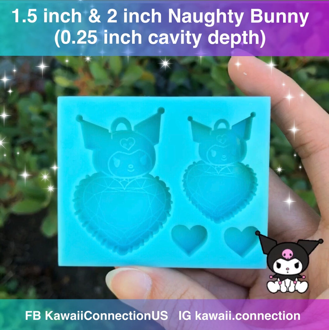 1.5 & 2 inch inch Naughty Bunny on Gem Heart (0.25 inch deep) with loop Shiny Silicone Mold for Resin Deco Dangle Charms Pendants Stitch Markers Zip Pulls DIY