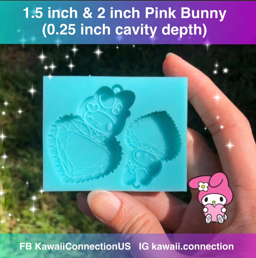 1.5 & 2 inch inch Pink Bunny on Gem Heart (0.25 inch deep) with loop Shiny Silicone Mold for Resin Deco Dangle Charms Pendants Stitch Markers Zip Pulls DIY