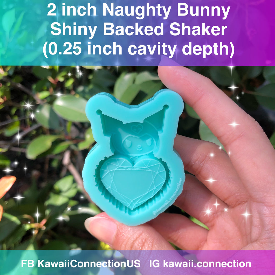 2 inch or 3 inch inch Naughty Bunny on Gem Heart Backed Shaker (0.25 inch deep) loop Shiny Silicone Mold for Resin Deco Dangle Charms Pendants Stitch Markers Zip Pulls DIY