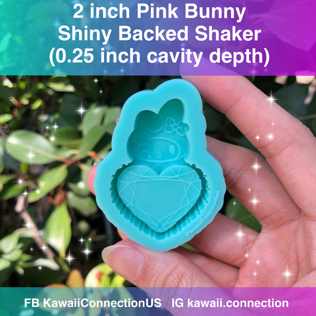 2 inch or 3 inch inch Pink Bunny on Gem Heart Backed Shaker (0.25 inch deep) loop Shiny Silicone Mold for Resin Deco Dangle Charms Pendants Stitch Markers Zip Pulls DIY