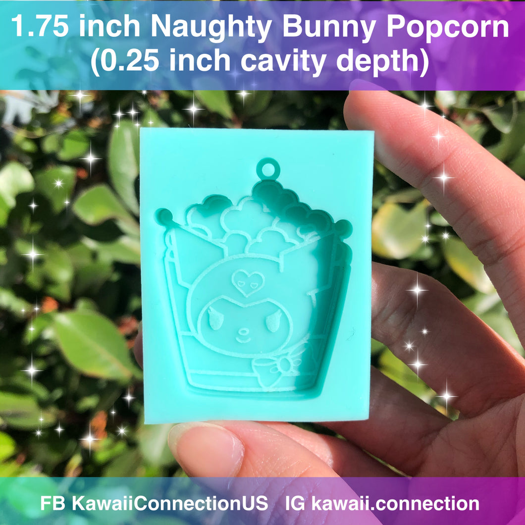 1.75 inch Naughty Bunny Popcorn (0.25 inch deep) with loop Shiny Silicone Mold for Resin Deco Dangle Charms Pendants Stitch Markers Zip Pulls DIY