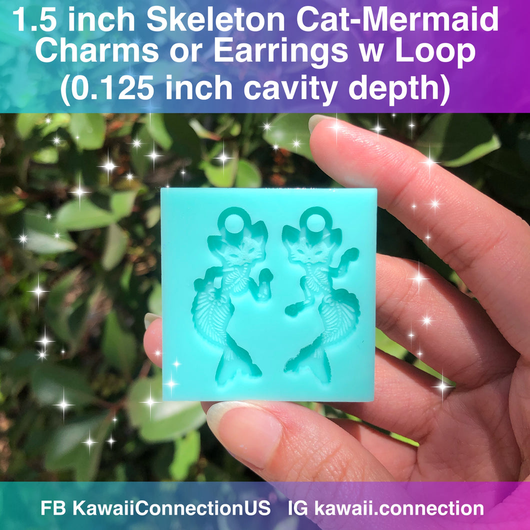 1.5 inch Pair of Skeleton Cat Mermaid Charm or Earrings w Loop Silicone Mold Palette for Spooky Halloween Resin Deco Charms DIY