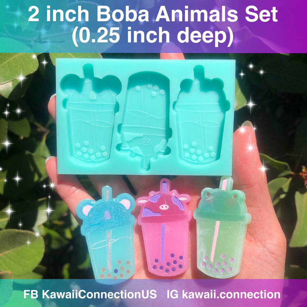 2 inch tall Frog, Cow & Koala Kawaii Boba Milk Tea Silicone Mold Palette for Resin Charms and DIY
