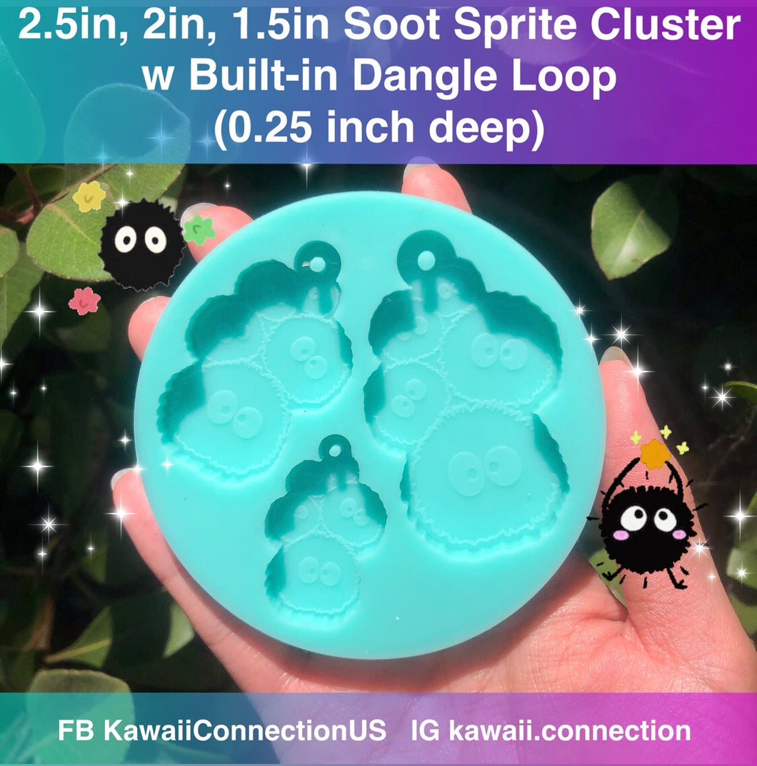 Mixed Sizes of 1.5 inch, 2 inch & 2.5 inch (0.25 inch deep) Soot Sprite Bunch with Pendant Charm Dangle Loop from Ghibli's Spirited Away Silicone Mold Palette for Resin Plaster Wax Melts Charms DIY