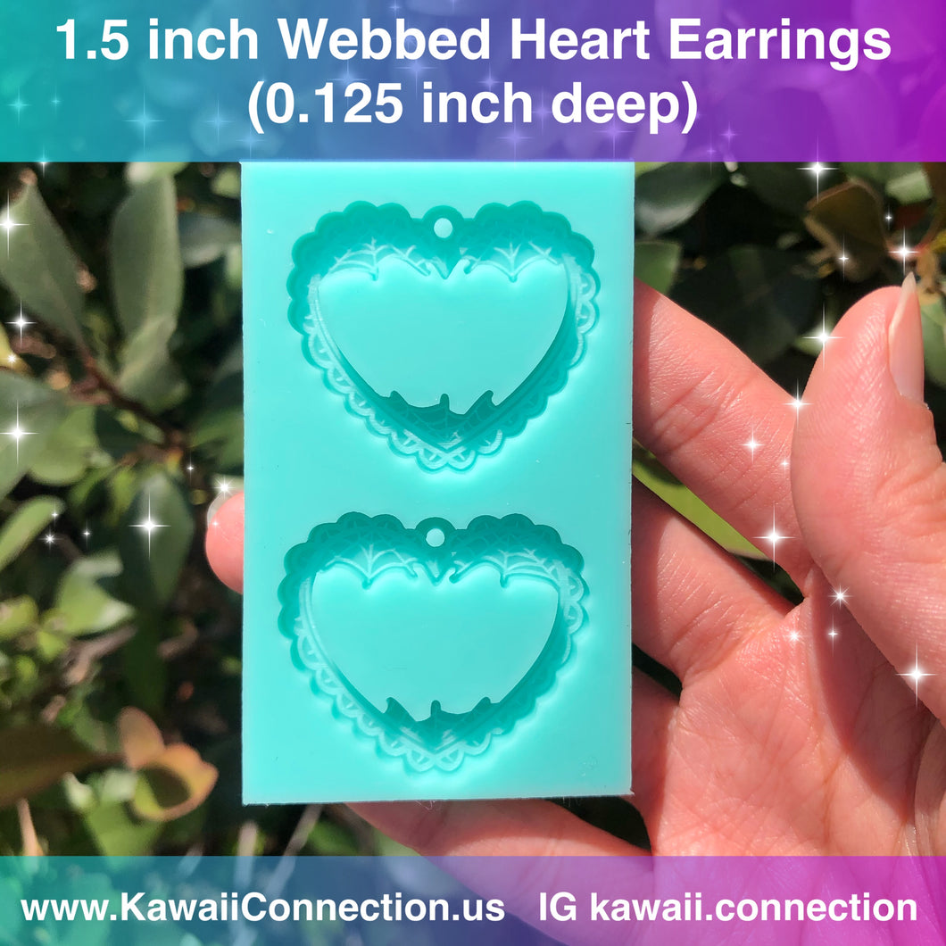 1.5 inch (0.125 inch cavity depth) Webbed Heart w Loops Silicone Mold for Resin Dangly Earrings or Charms
