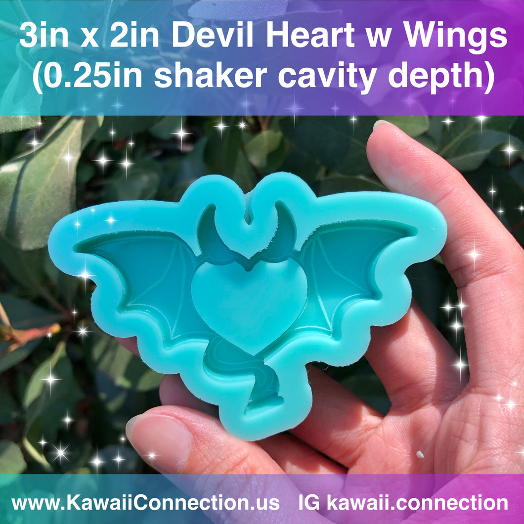 3 inch x 2 inch (0.25 inch cavity depth) Devil Heart with Wings Backed Shaker Silicone Mold for Resin