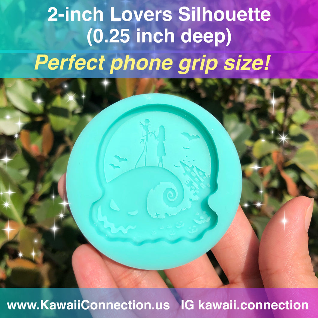2 inch (0.25 inch cavity depth) Nightmare Before Christmas Lovers on Moon Silicone Mold for Resin (Perfect for Phone Grip!)