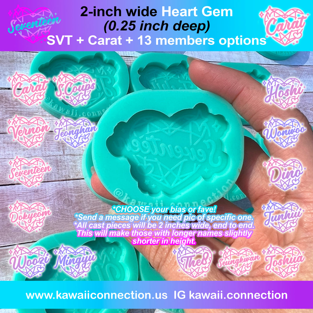 2 inch wide - read desc- (0.25 inch deep) K-Pop 13-Member Heart Gem Design with Name Silicone Mold - Great for Custom School Work Badge Reel