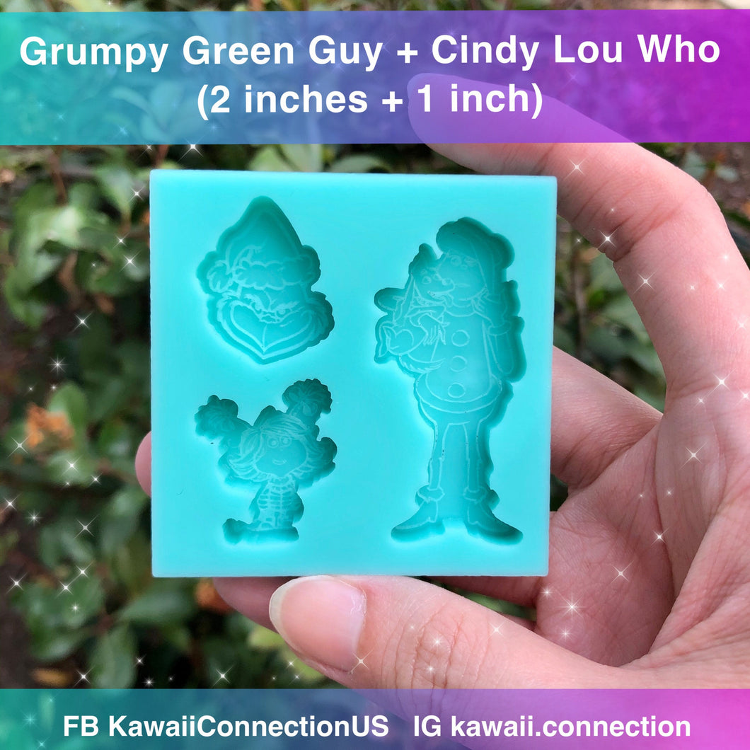 2-inch Grouchy Green Guy w Max + 1-inch CindyLou + 1-inch Head Silicone Mold for Resin Christmas Holiday Charms Keychains Pendant Ornament