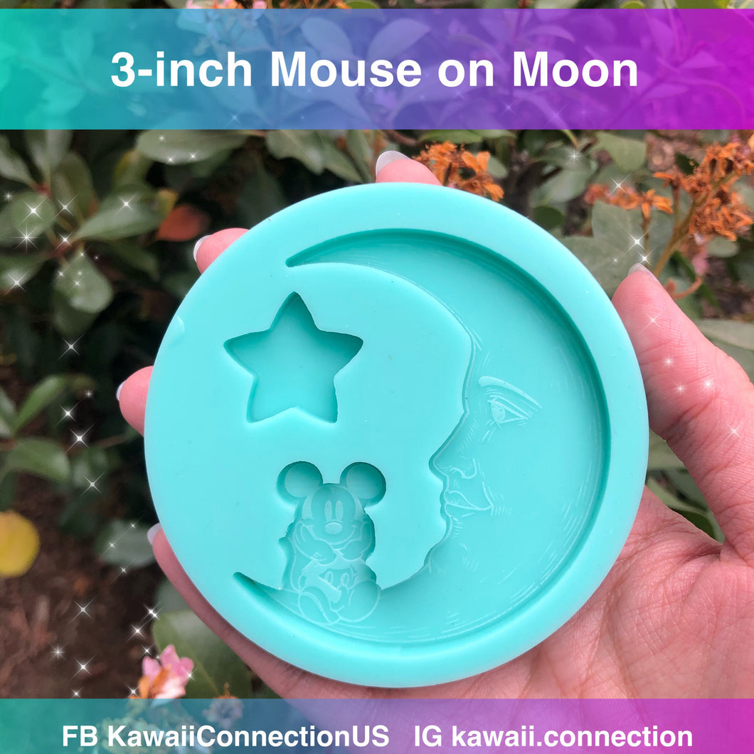 3-inch Mouse on Moon w Star Silicone Mold for Resin, Plaster, Clay for Christmas Holiday Charms Keychains Pendant Ornament Room Decor
