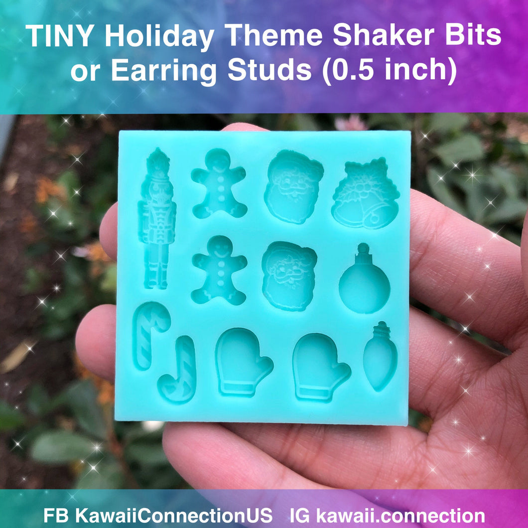 TINY 0.5 inch Christmas Holiday Theme Silicone Mold Palette for Resin Stud Earrings Shaker Bits (Nutcracker Santa Mittens Gingerbread Bells)